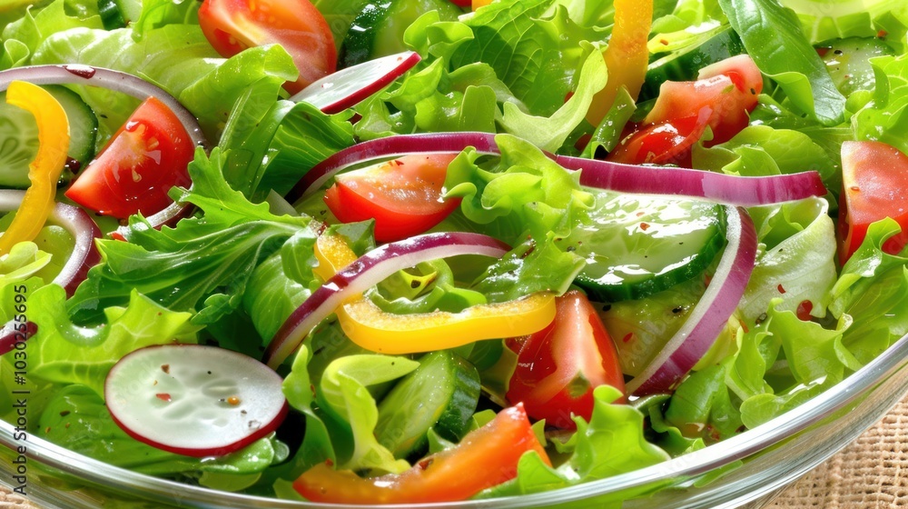 Fresh Green Salad with Tomatoes, Cucumbers, Red Onion, and Bell Peppers Fresh Green Salad with Tomatoes, Cucumbers, Red Onion, and Bell Peppers