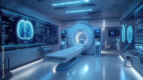 Future high-tech medical laboratory and treatment room.