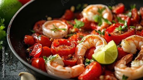 Tomatoes with red peppers, lime juice and shrimp languish in a skillet. Traditional dish. High quality studio shooting macro close-ups