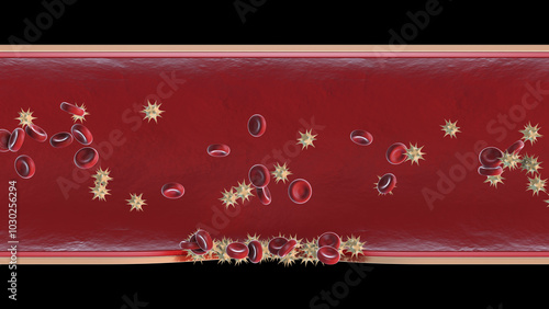 Tableau sur toile Red blood cells and platelets in wound healing demonstrating Hemostasis process