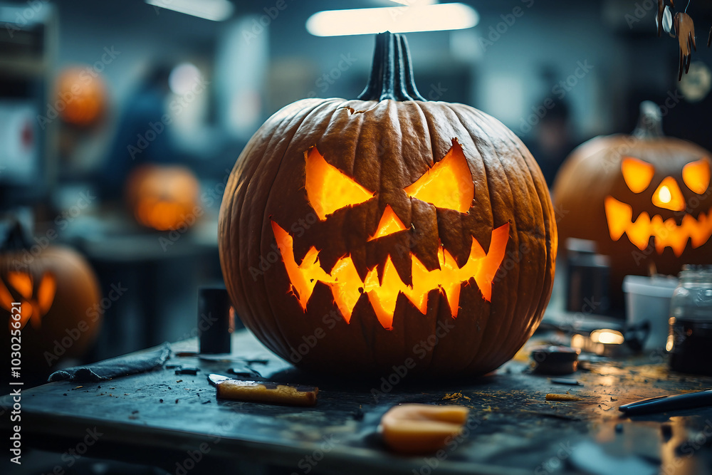 Happy excited family carving Helloween pumpkins making creepy face holiday preparation, Generative AI Happy excited family carving Helloween pumpkins making creepy face holiday preparation, Generative AI