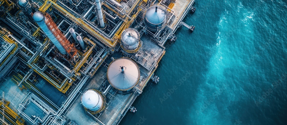 Aerial view of an industrial plant with large tanks and pipes, set against a blue water background. Aerial view of an industrial plant with large tanks and pipes, set against a blue water background.