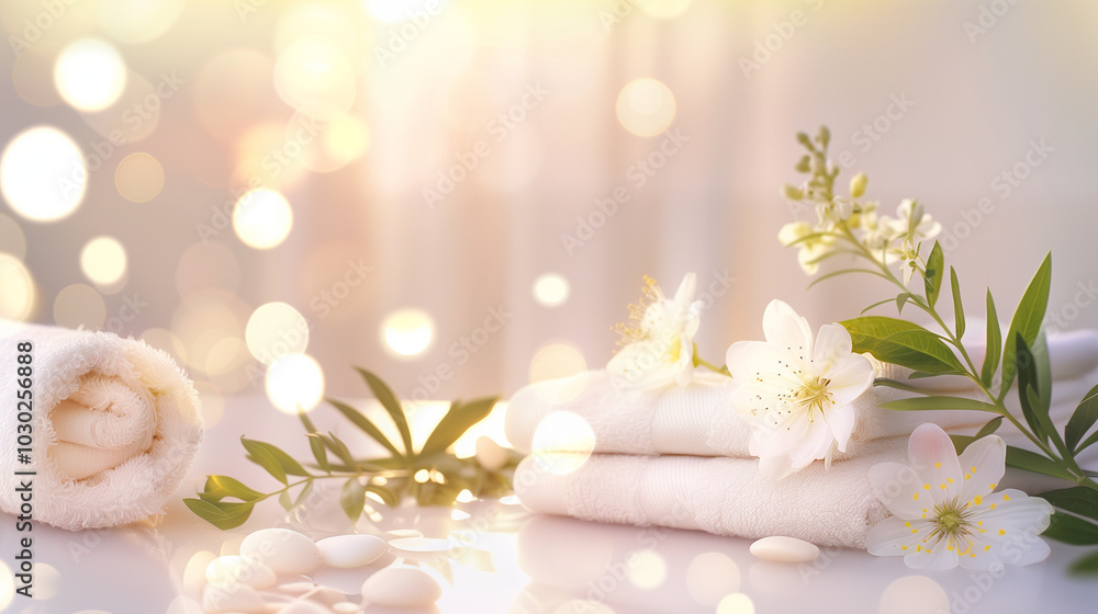 A white towel is on a table with a bunch of flowers A white towel is on a table with a bunch of flowers