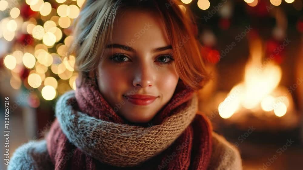 Cozy Christmas portrait of a young woman by the fireplace surrounded by festive decorations and twinkling lights Cozy Christmas portrait of a young woman by the fireplace surrounded by festive decorations and twinkling lights