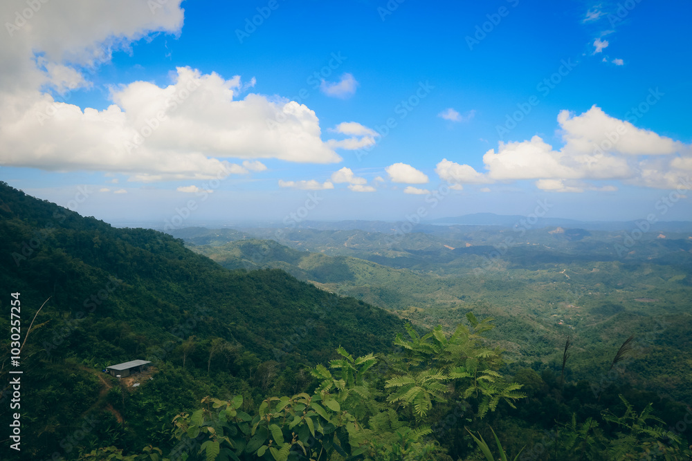 Naklejka premium Breathtaking view of lush green hills and blue skies over Kota Kinabalu during a sunny day