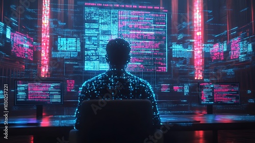 Wallpaper Mural A hacker facing legal consequences for a massive data breach, lawyers presenting digital evidence on glowing holographic screens, personal data visualized as encrypted files being stolen, Torontodigital.ca