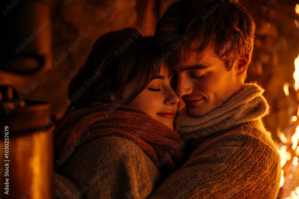 Beautiful couple is warming up by the fireplace and embrace generative ai Beautiful couple is warming up by the fireplace and embrace generative ai
