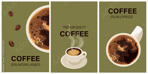 Set collection of Coffee italian espresso on green olive background. Coffee time. Vector illustration.