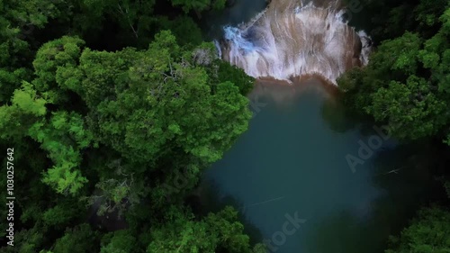 Wallpaper Mural Topdown aerial footage over a blue river and wtaerfalls surrounded by lush jungle, Roberto Barrios, Chiapas, Mexico Torontodigital.ca