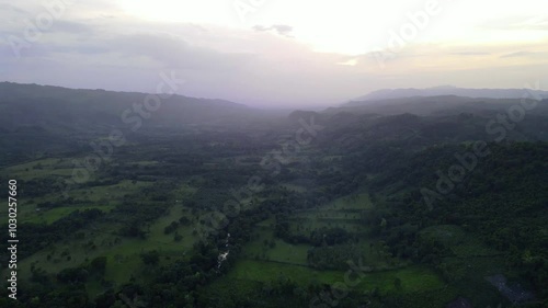 Wallpaper Mural Aerial drone footage over river a lush jungle valley at sunset, Roberto Barrios, Chiapas, Mexico Torontodigital.ca