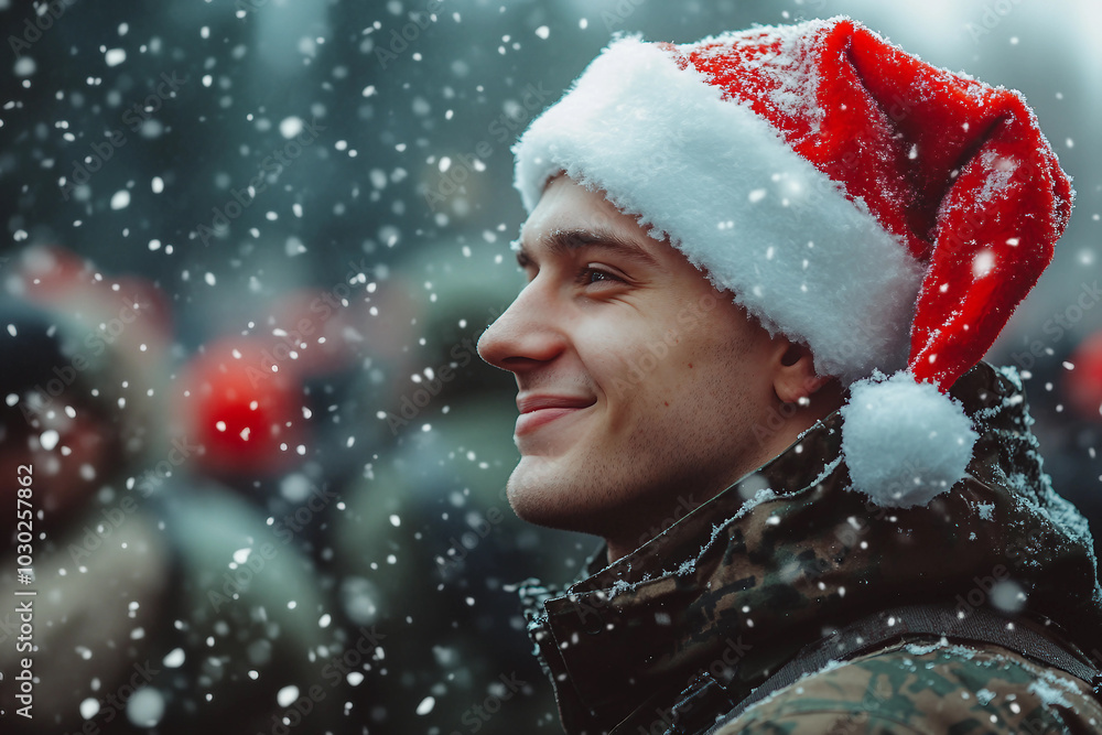 Generative AI image of military man or woman in Santa hat during holiday celebration family, perfect for festive homecoming themes Generative AI image of military man or woman in Santa hat during holiday celebration family, perfect for festive homecoming themes