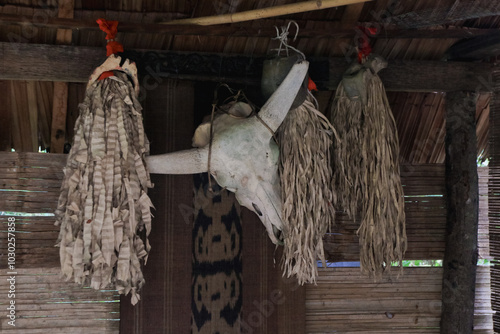 Cultural artifacts hanging in a traditional house in Kota Kinabalu showcasing local heritage and craftsmanship photo