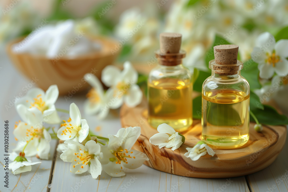 A bottle of oil is next to a bowl of salt and flowers A bottle of oil is next to a bowl of salt and flowers