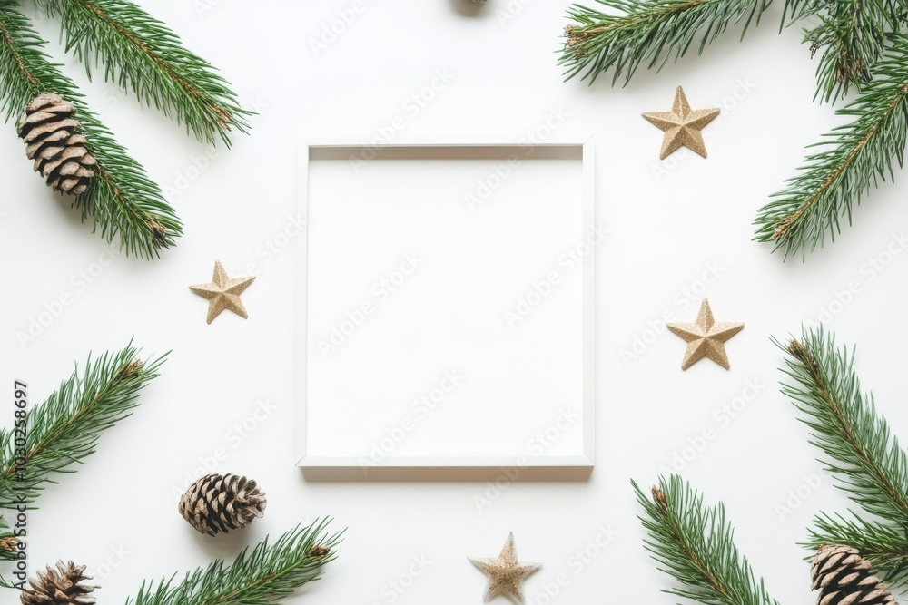 Christmas Frame surrounded a decoration. Composition on white background. Flat lay. Mock up next to gold decorated branches. Festive holiday artwork. Blank mockup. Poster product design template. Christmas Frame surrounded a decoration. Composition on white background. Flat lay. Mock up next to gold decorated branches. Festive holiday artwork. Blank mockup. Poster product design template.