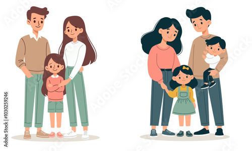 Vector set of illustrations in children's style on white background. Cute families, mom dad son and daughter. Vector illustration