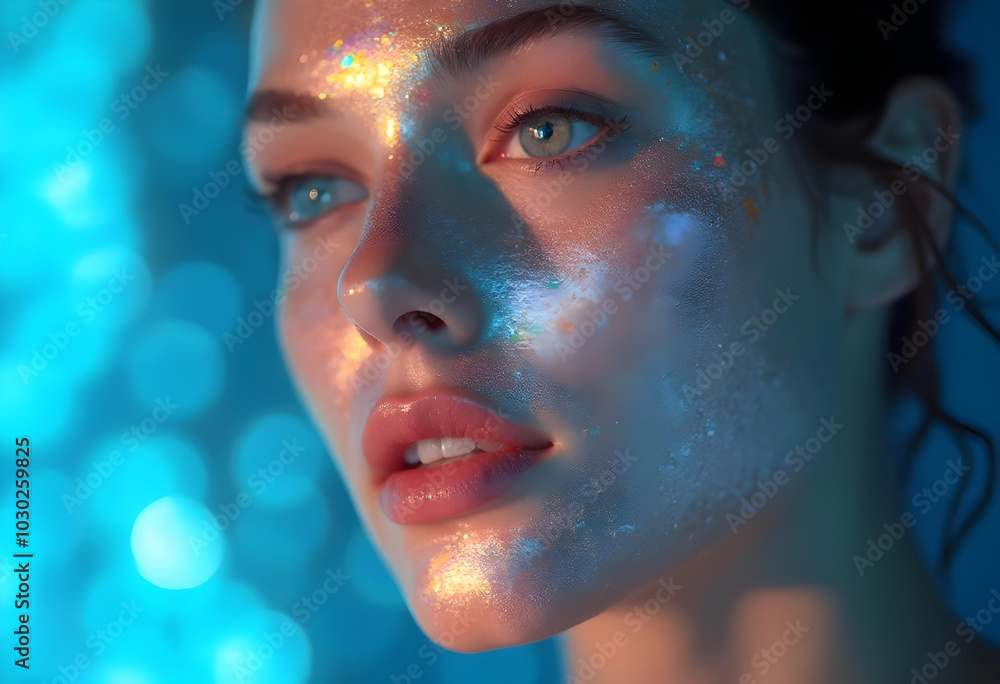 captivating portrait featuring woman with glowing skin illuminated by soft blue light, creating dreamy atmosphere. shimmering textures enhance ethereal quality of image captivating portrait featuring woman with glowing skin illuminated by soft blue light, creating dreamy atmosphere. shimmering textures enhance ethereal quality of image