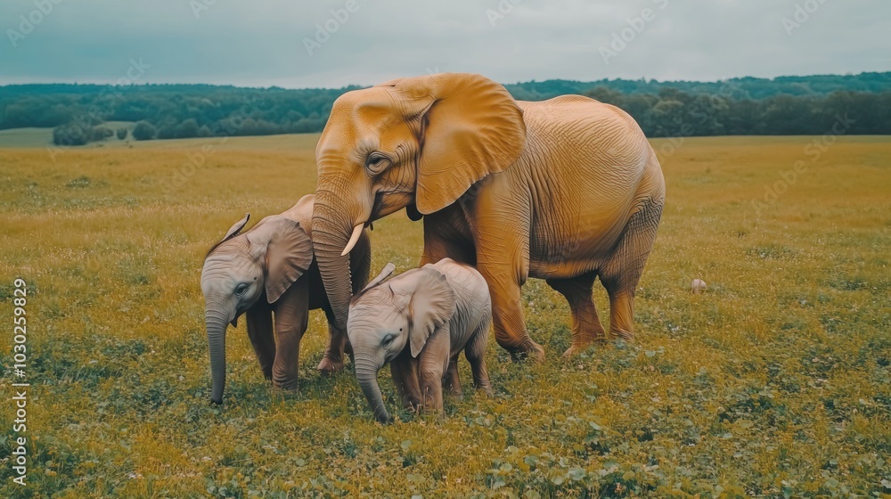 Fototapeta premium Two baby elephants play beside a larger elephant in a grassy field.