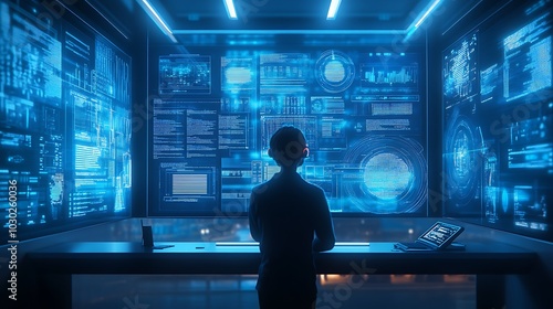 A lawyer interacting with holographic screens, reviewing digital documents from e-discovery, files, and metadata floating in a high-tech office space,