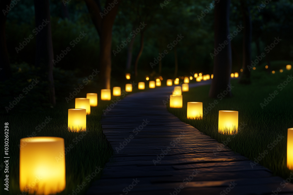 A peaceful evening stroll through a park or garden illuminated by glowing luminarias, creating a magical atmosphere perfect for quiet reflection or a romantic evening. with empty copy space for brandi A peaceful evening stroll through a park or garden illuminated by glowing luminarias, creating a magical atmosphere perfect for quiet reflection or a romantic evening. with empty copy space for brandi