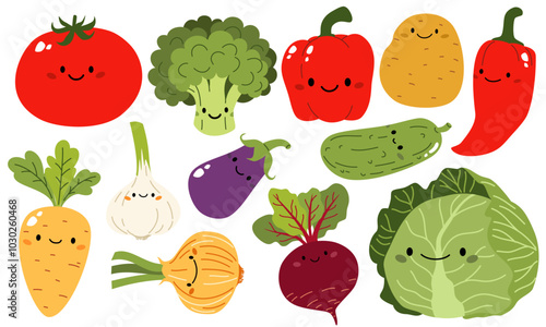 Vector set of illustrations in children's style on white background. Cabbage carrots broccoli onion garlic tomato potato pepper eggplant cucumber beet with cute faces . Vector illustration