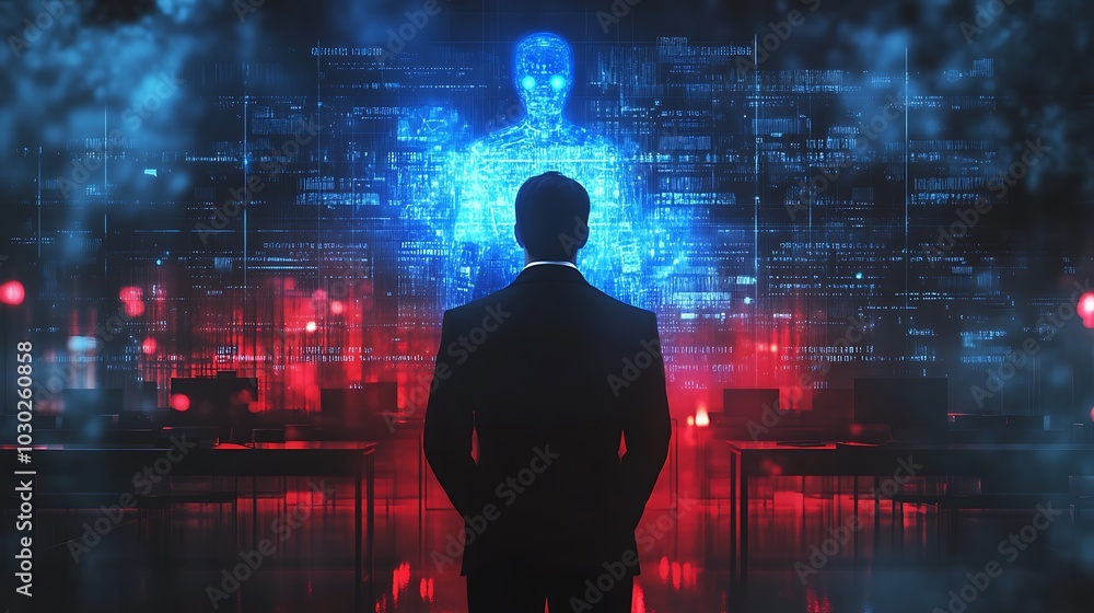 A lawyer standing in front of a holographic AI judge, ethical concerns and data algorithms floating as abstract visuals, glowing red and blue lights symbolizing fairness and bias in legal decisions, A lawyer standing in front of a holographic AI judge, ethical concerns and data algorithms floating as abstract visuals, glowing red and blue lights symbolizing fairness and bias in legal decisions,