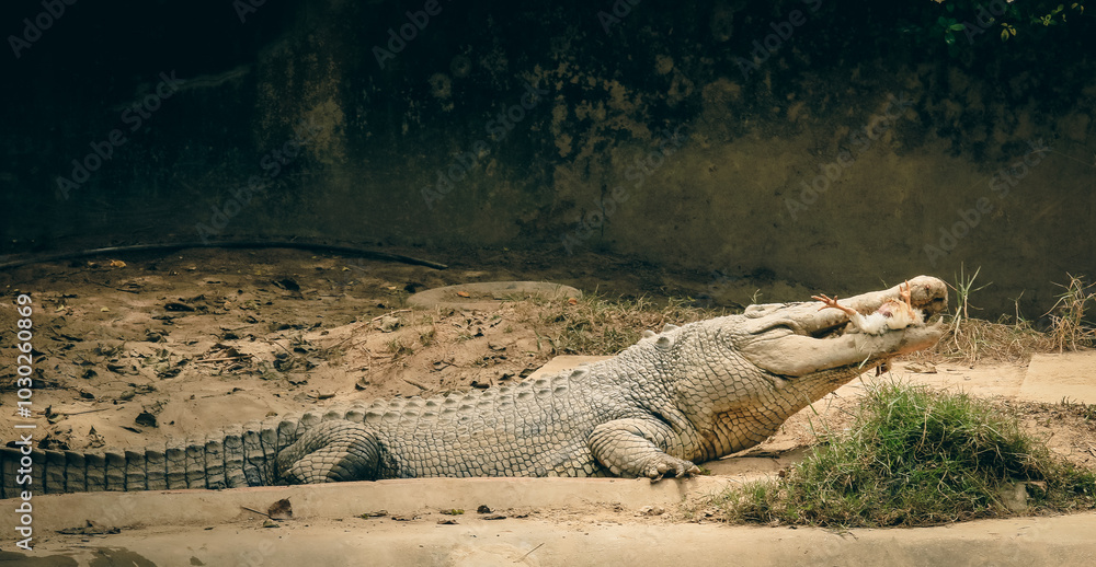 Fototapeta premium Crocodile relaxing in Kota Kinabalu zoo enjoying a meal during a sunny day