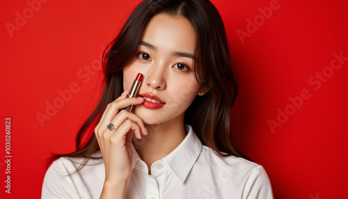 A young woman poses with lipstick against a striking red background. photo