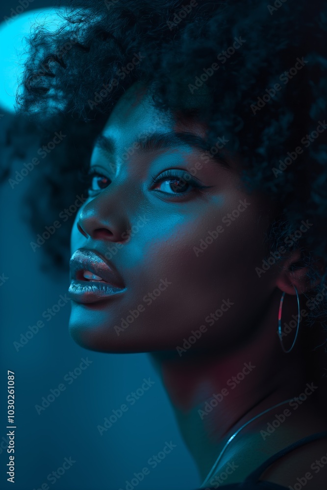 Captivating portrait of a woman with curly hair in moody blue lighting, ideal for fashion, advertisement, and artistic projects Captivating portrait of a woman with curly hair in moody blue lighting, ideal for fashion, advertisement, and artistic projects