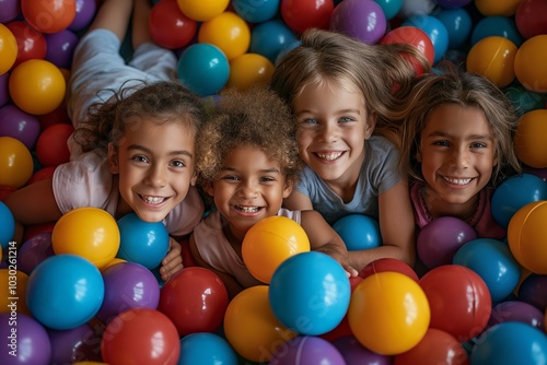 Children playing in colorful ball pit, emphasizing joy and friendship for playful activities advertisement or familycentered content photo