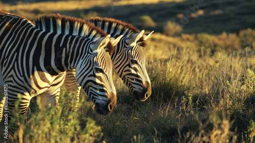 A pair of zebras grazing side by side in a South African nature reserve, their striking stripes creating a captivating visual pattern in the wild landscape.