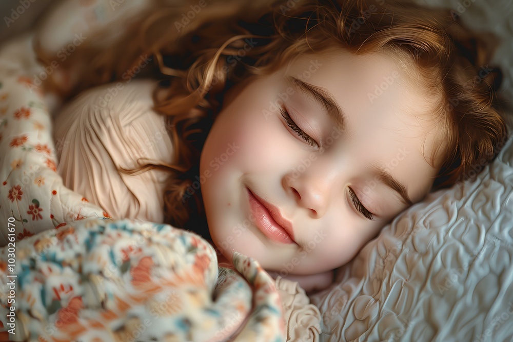 A close up of a child sleeping on a bed A close up of a child sleeping on a bed