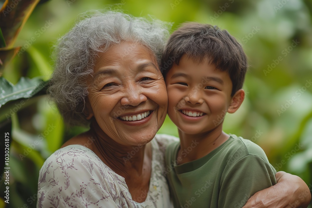 Elderly woman and young boy smiling in a garden for family love and bonding moments Elderly woman and young boy smiling in a garden for family love and bonding moments