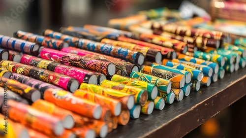 An array of colorful Diwali firecrackers displayed on a table, ready to be lit photo