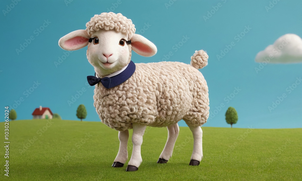 Cute Sheep with a Costume Bowtie on a Green Meadow Cute Sheep with a Costume Bowtie on a Green Meadow