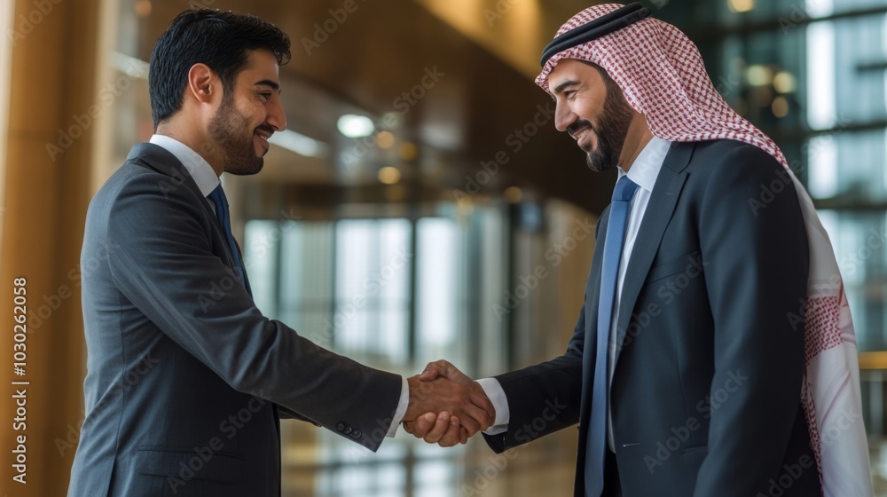 Two men in business suits are shaking hands while smiling at each other in an office building. Two men in business suits are shaking hands while smiling at each other in an office building.