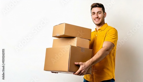 Smiling man in yellow shirt carrying cardboard boxes on white background