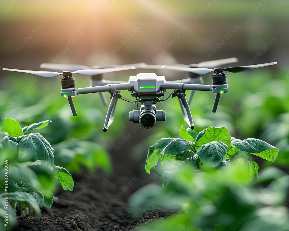 A drone flying over a vibrant green field at sunrise. A drone flying over a vibrant green field at sunrise.