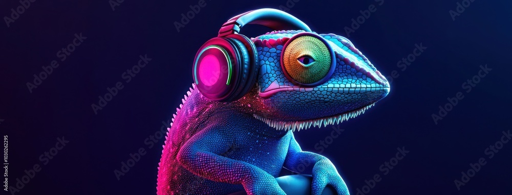 3d render of colorful chameleon with headphones on dark blue background, colorful concept art 3d render of colorful chameleon with headphones on dark blue background, colorful concept art