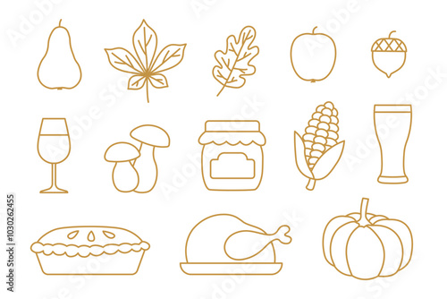 thanksgiving icons set: pear, autumn leaves, apple, acorn, roasted turkey, beer, jam, corn, wine, mushroom, apple pie, pumpkin- vector illustration