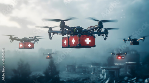 Drones delivering medical supplies amidst urban ruins a vision of future healthcare solutions and technology integration