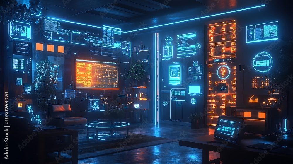 A smart home filled with IoT devices, holographic data streams representing personal data, legal experts reviewing privacy regulations, glowing locks symbolizing encrypted data, A smart home filled with IoT devices, holographic data streams representing personal data, legal experts reviewing privacy regulations, glowing locks symbolizing encrypted data,