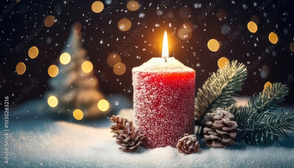 Red candle with pinecones, snow, and festive bokeh lights in the background. Red candle with pinecones, snow, and festive bokeh lights in the background.