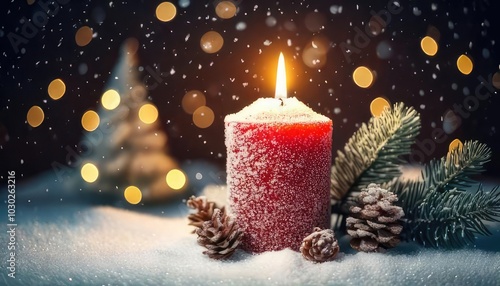 Red candle with pinecones, snow, and festive bokeh lights in the background.