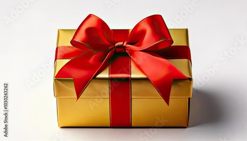 Shiny gold gift box with a red ribbon on a white isolated background.