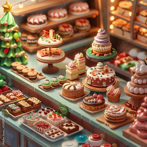 Festive Christmas Bakery Showcase with Colorful Desserts and Baked Treats on Display