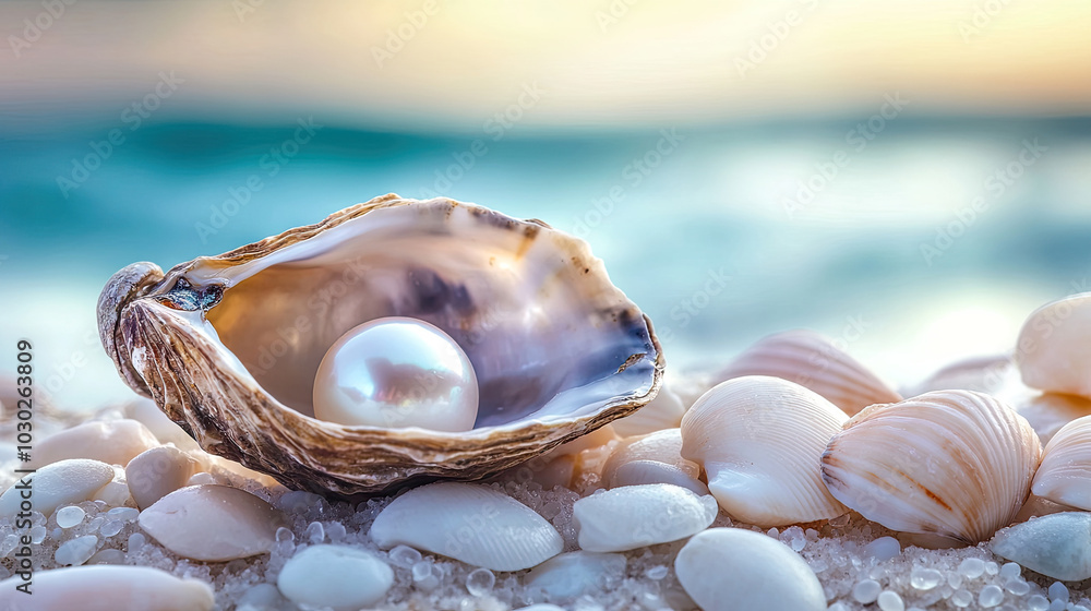 A pearl nestled inside an oyster shell, placed among smooth beach pebbles and seashells, with the ocean in the distance, creating a serene seaside ambiance. A pearl nestled inside an oyster shell, placed among smooth beach pebbles and seashells, with the ocean in the distance, creating a serene seaside ambiance.