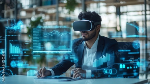 A man wearing a virtual reality headset sits at a desk in an office. The headset displays various graphs and data visualizations