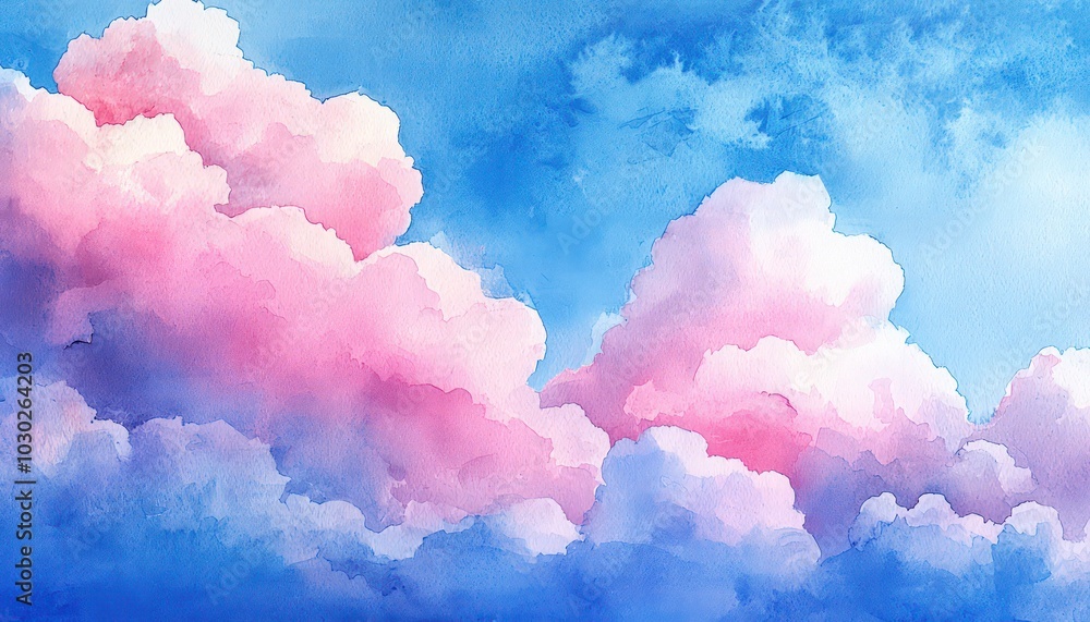 Fluffy clouds painted in vibrant pink and blue watercolors evoke tranquility and beauty in nature. Fluffy clouds painted in vibrant pink and blue watercolors evoke tranquility and beauty in nature.