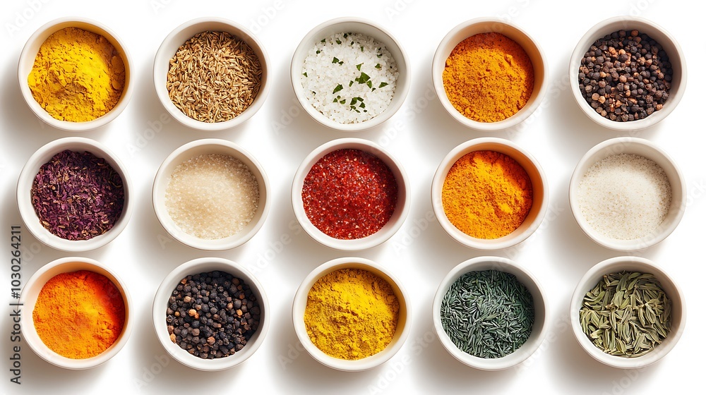 The top corner of a spice-themed magazine showing small bowls filled with colorful spices like turmeric and paprika, arranged in an aesthetically pleasing layout The top corner of a spice-themed magazine showing small bowls filled with colorful spices like turmeric and paprika, arranged in an aesthetically pleasing layout
