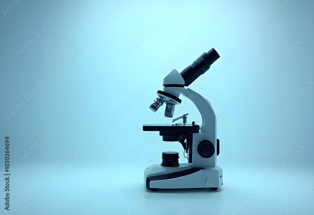 modern microscope is showcased against soft blue background, highlighting its sleek design and intricate details. This captures essence of scientific exploration and discovery modern microscope is showcased against soft blue background, highlighting its sleek design and intricate details. This captures essence of scientific exploration and discovery